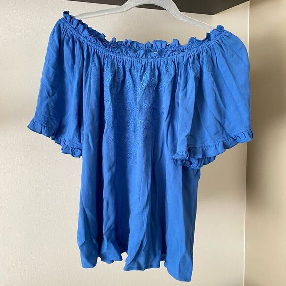 Royal Blue Off the Shoulder Embroidered Flowy Top Size Large L - Picture 1 of 8